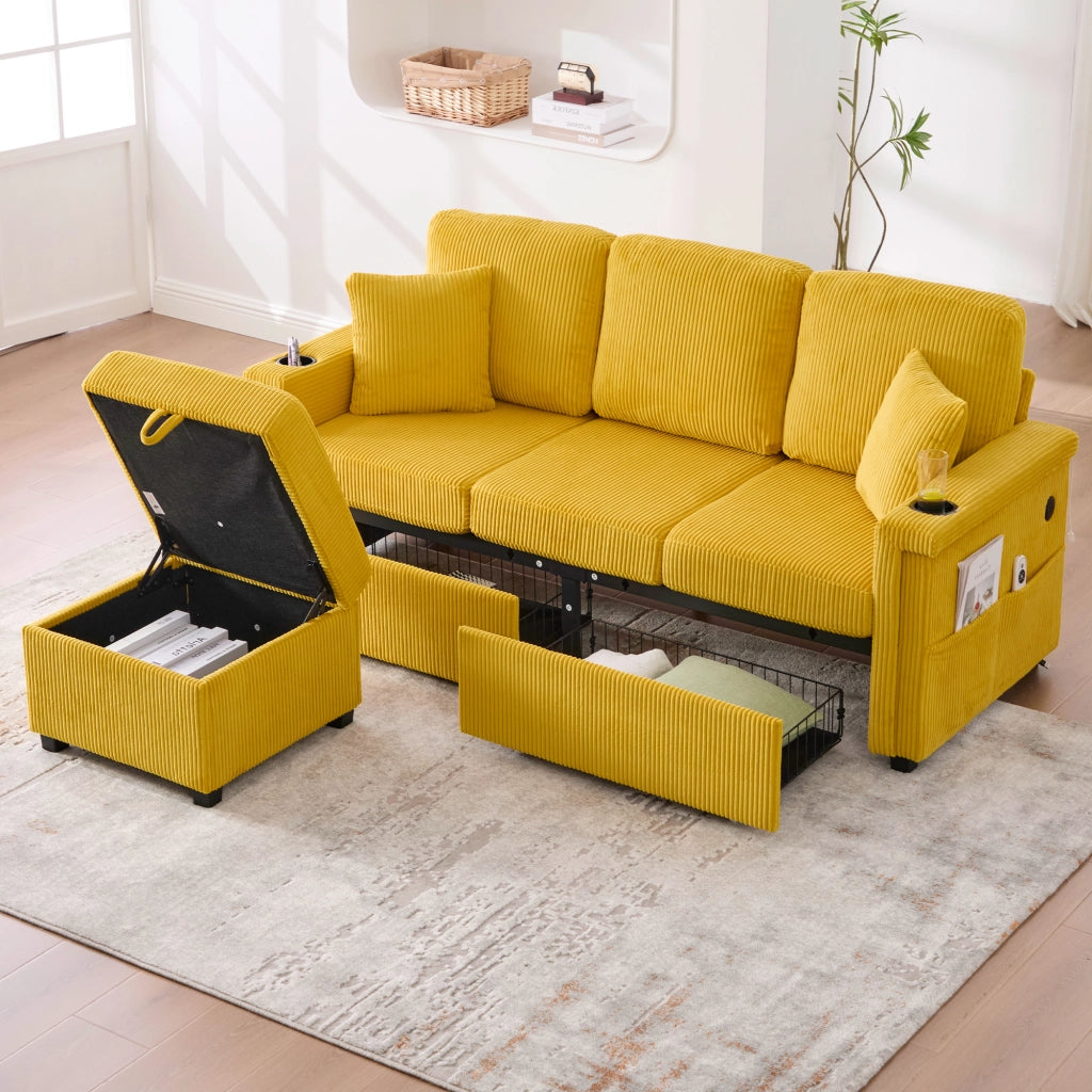 Divano Dritto 3 Posti con LED e USB/Type-C; Cassetti Contenitore; Portabicchieri; Tasche Laterali in Velluto a Coste Giallo Senape