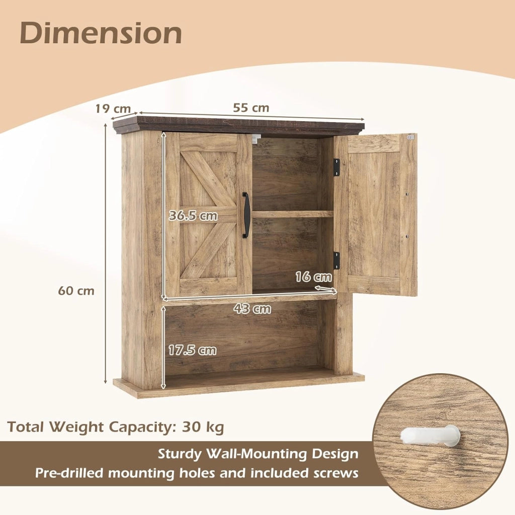 Armadio da parete per bagno, pensile con 2 ante e 1 scomparto aperto, stile fienile, mensola regolabile, 55 x 19 x 60 cm, organizer per cucina, ingresso, lavanderia