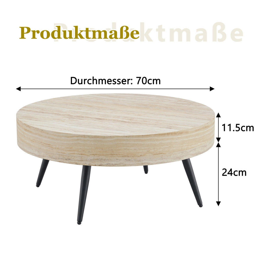 Tavolino rotondo con 1 piano in MDF effetto travertino chiaro; gambe in metallo nere; per soggiorno; Ø 70 × 35;5 cm