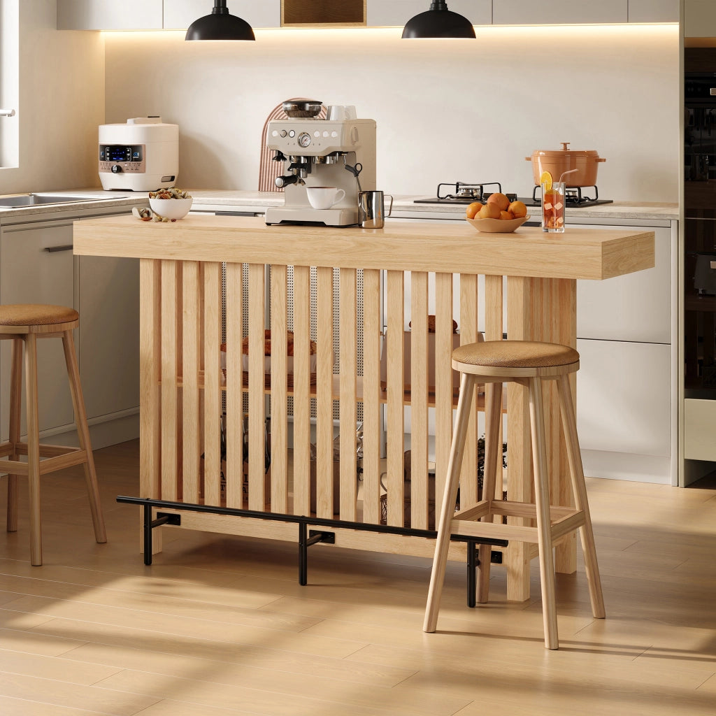 Tavolo alto con ripiani a 2 livelli e poggiapiedi in MDF naturale per cucina e sala da pranzo 160 × 40 × 105 cm