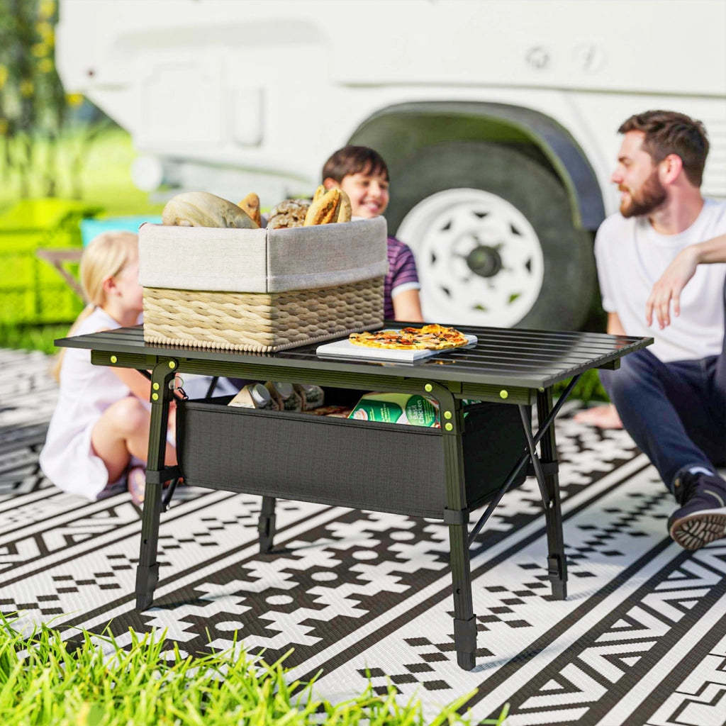 Tavolo Pieghevole da Campeggio con Cesto ¨C MINIMAL ¨C Alluminio Nero, Altezza Regolabile