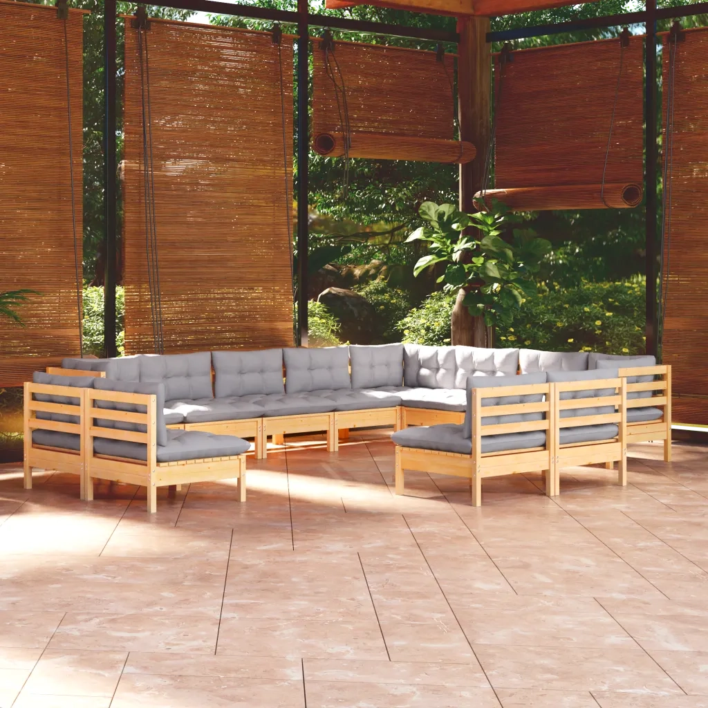 Set Divani da Giardino 12 pz con Cuscini Grigi Massello di Pino 3096874
