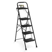 Scala a 4 gradini con vaschetta porta attrezzi e pedali larghi antiscivolo, Scala pieghevole portatile multiuso per casa Nero-Scale e ponteggi