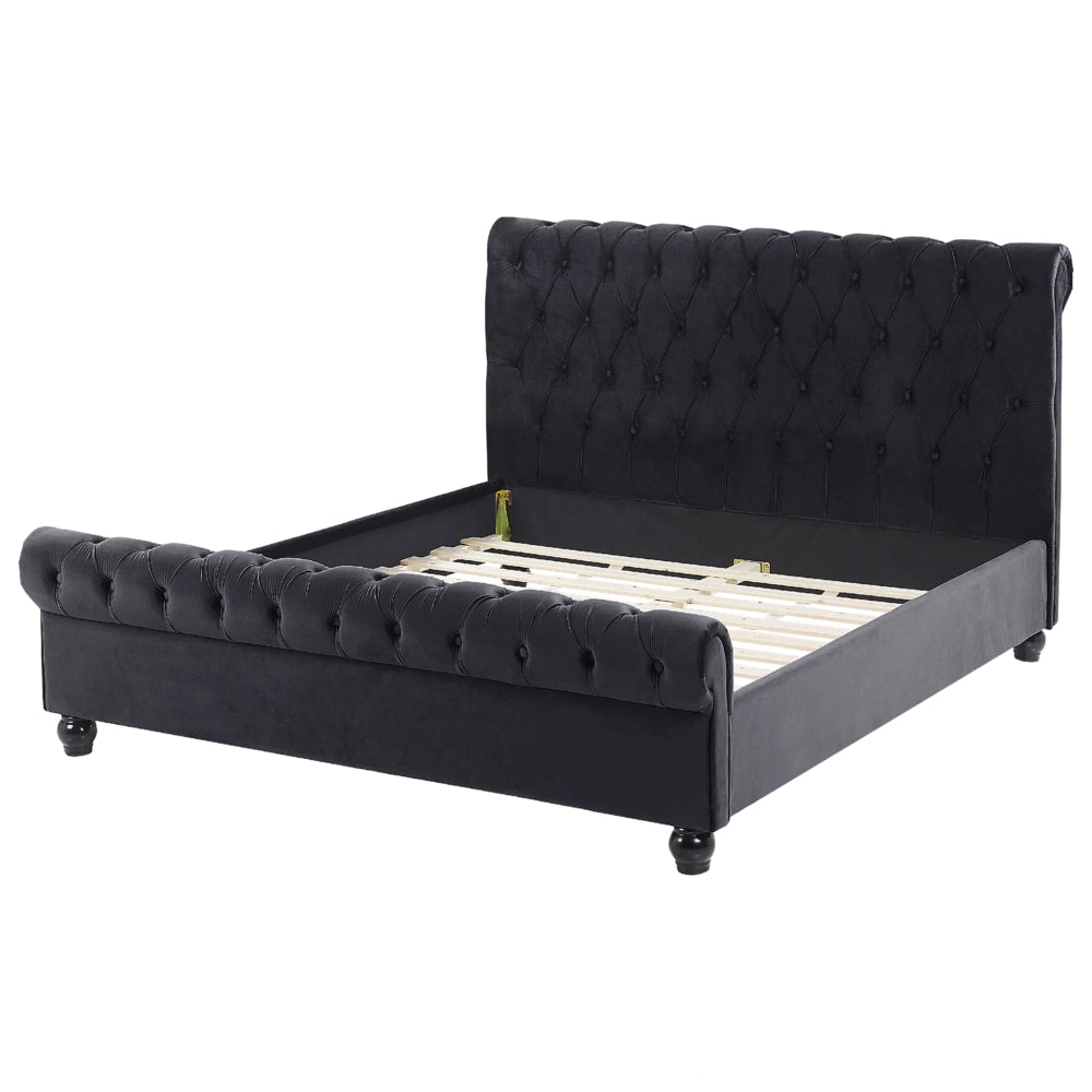 Letto Rivestimento in velluto Nero Gambe in legno Nero matrimoniale 140 x 200 cm con bottoni Glam