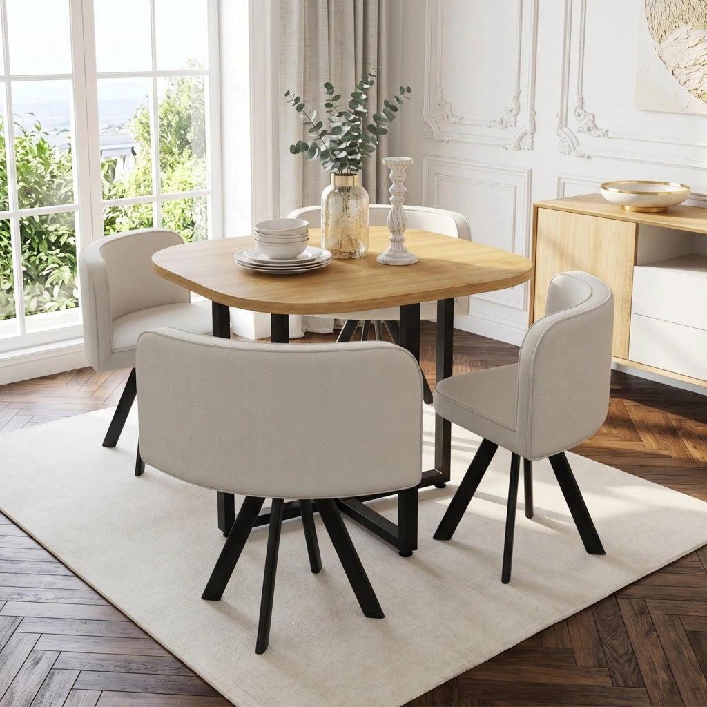 Set da pranzo composto da 4 sedie in lino e un tavolo (85 x 85 cm) con finitura effetto legno, color beige