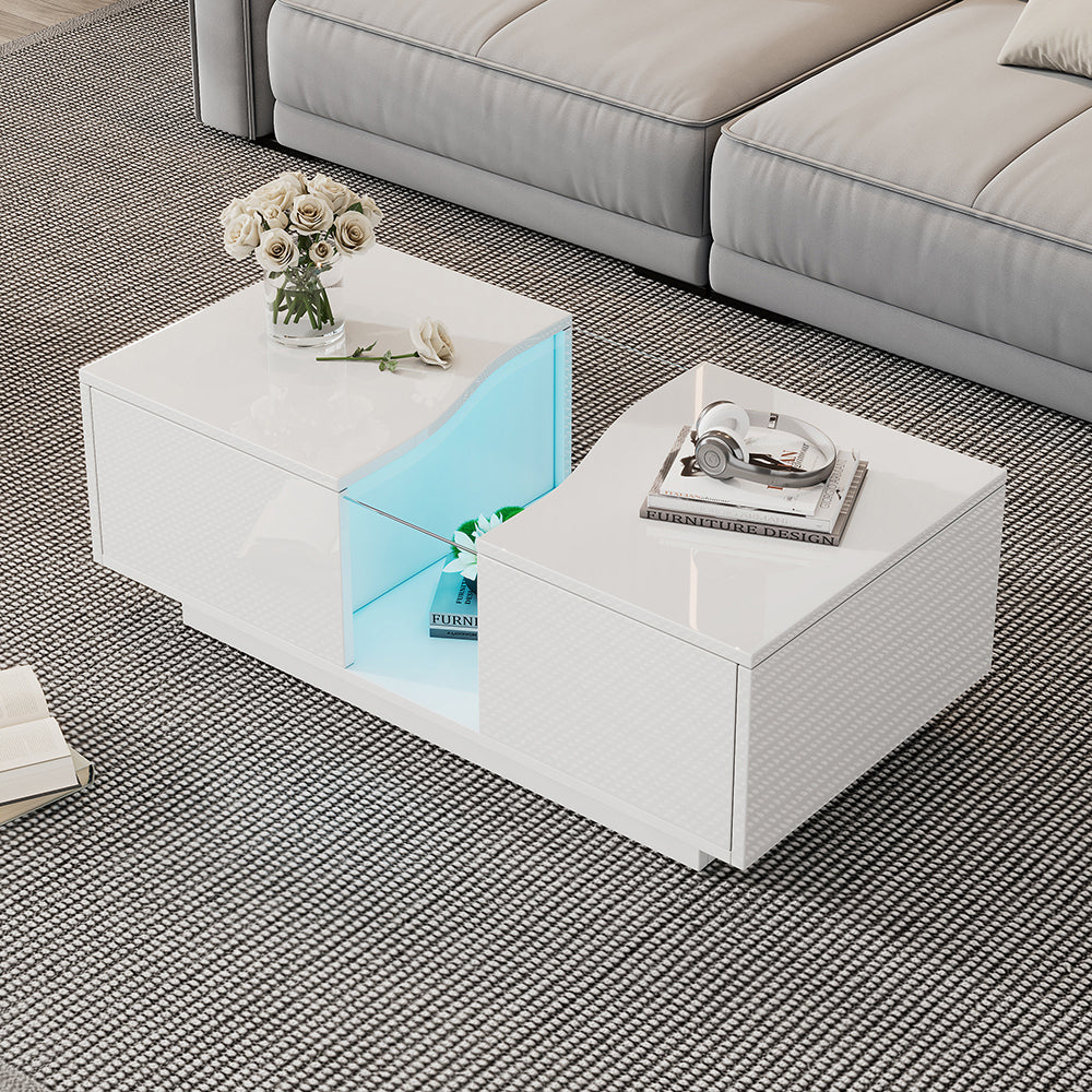 Tavolino-Xylo-100x50x35cm bianco 2 cassetti LED acrilico