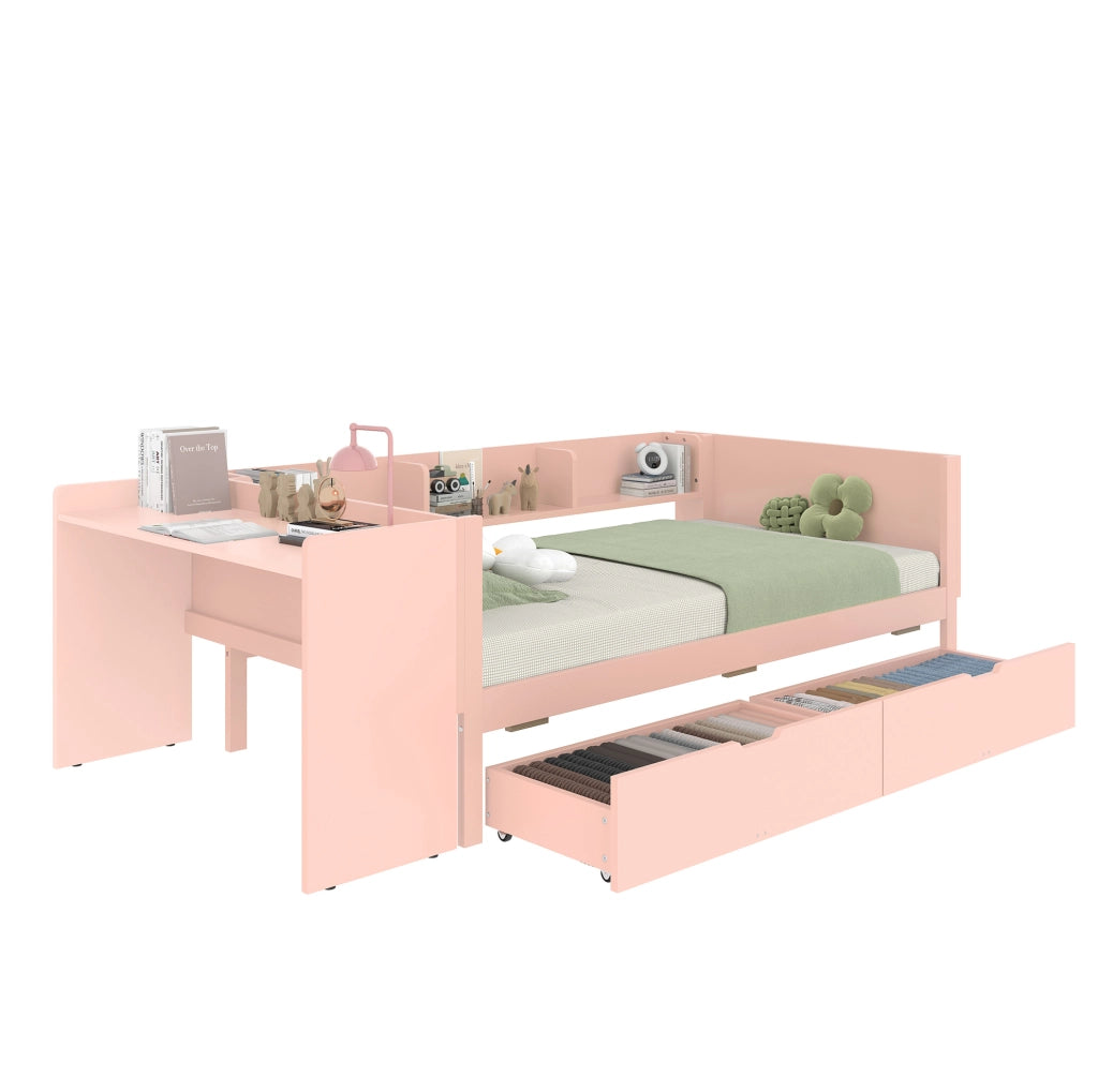 Letto singolo 90x200 cm con scrivania; 2 cassetti e 3 ripiani in legno di pino e truciolare