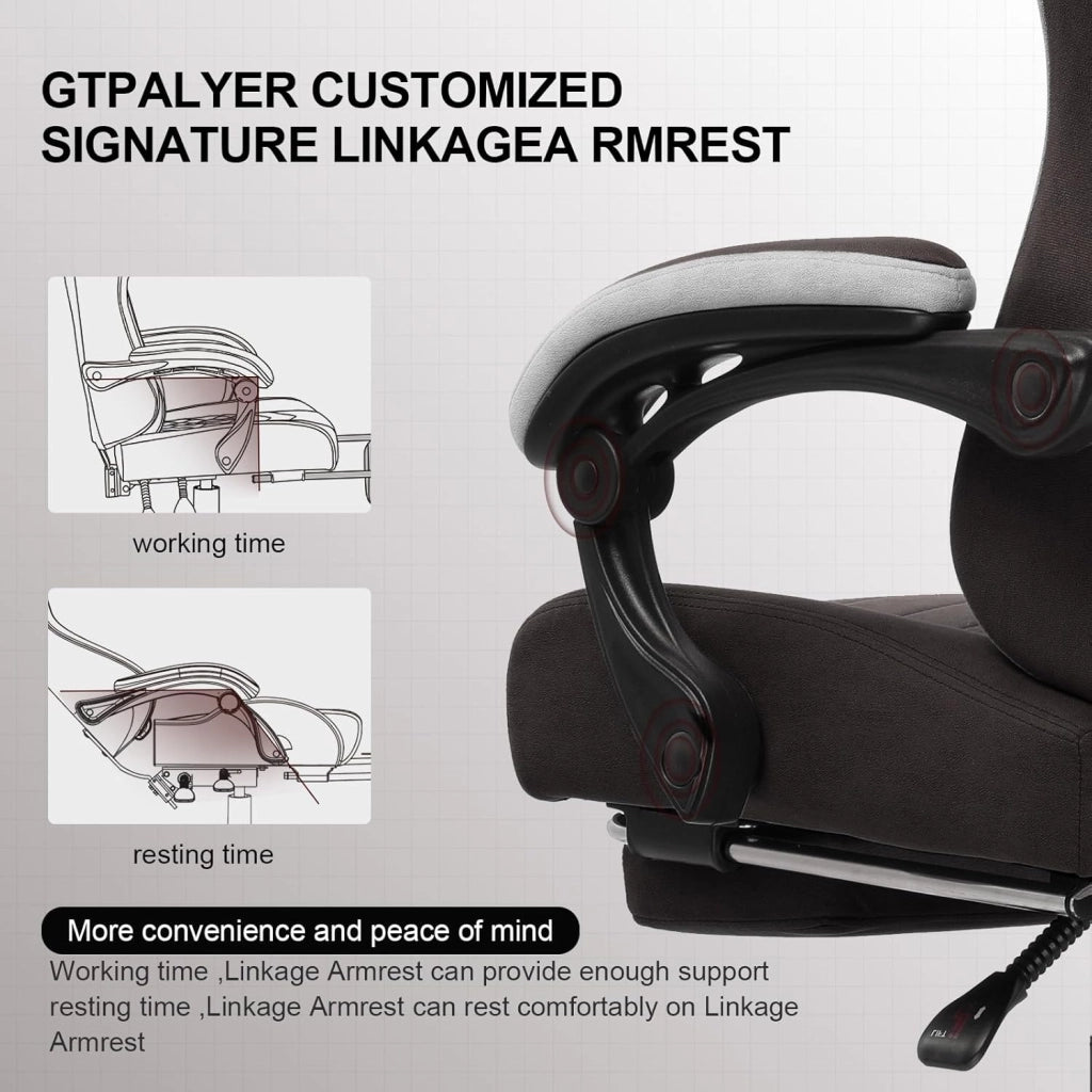 Sedia da gaming, ergonomica, da scrivania, con superficie in tessuto, cuscino a molla, braccioli di collegamento e poggiapiedi, Marrone