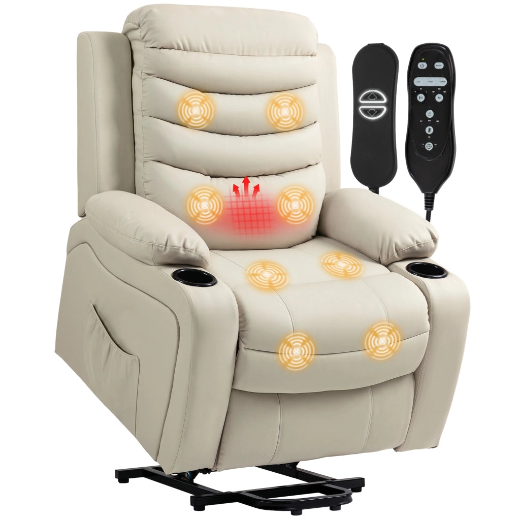 Poltrona Relax Elettrica con Alzapersona, Massaggio, Riscaldamento, USB ¨C zephmum ¨C Creme, Pelle