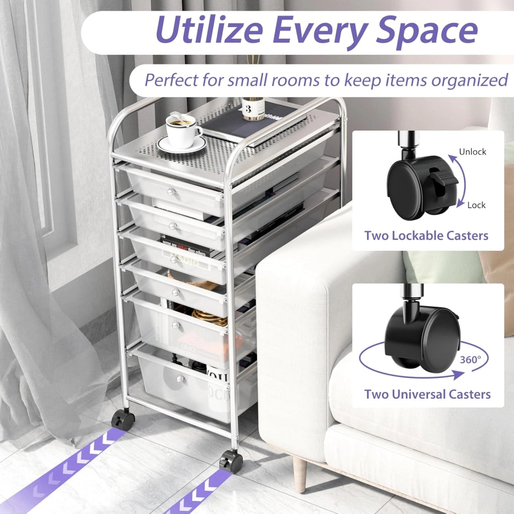 6 Cassetti Carrello di Conservazione, Torre di Stoccaggio Scrivania su Rotelle, Carrello con Ruote Bloccabili con Telaio in Metallo, Ideale per Ufficio, Soggiorno, Camera da Letto (Trasparente