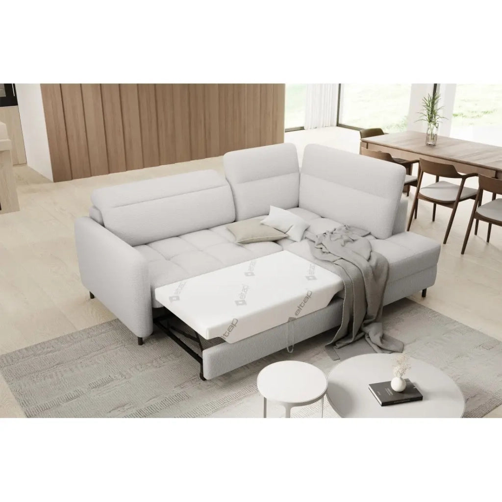 Divano ad angolo destro convertibile BARNEA 208 cm bianco chenille con contenitore