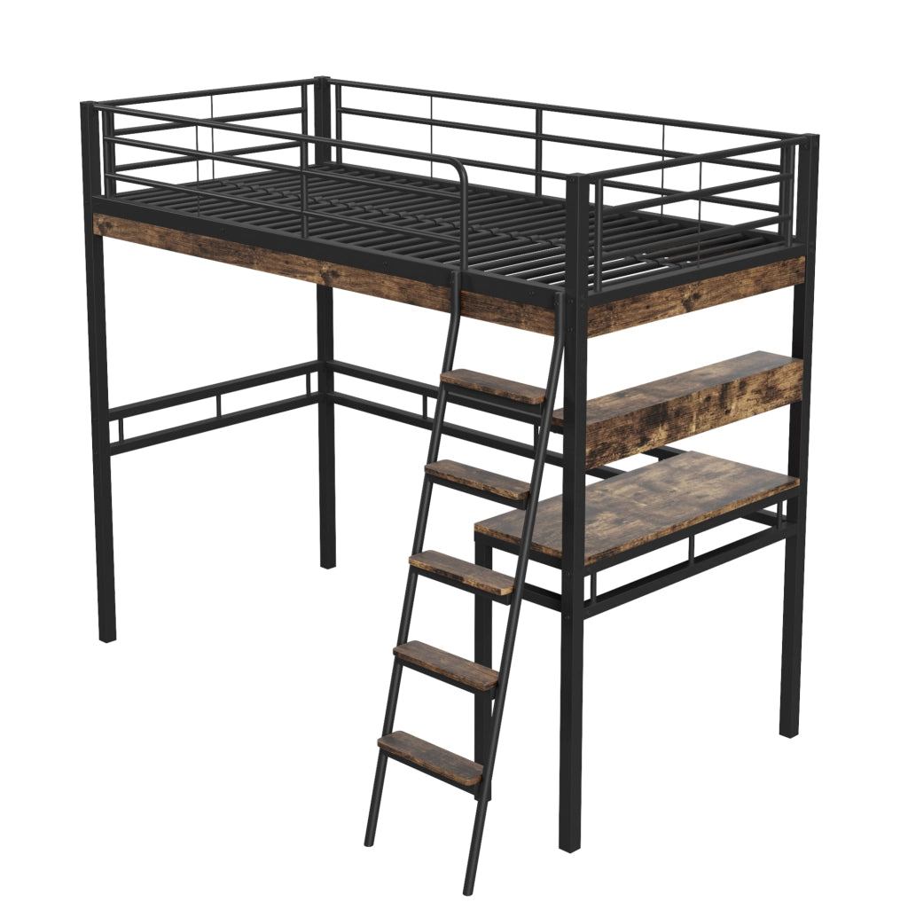 Letto a soppalco 90x200 cm con scrivania; scaffali e scala in metallo e MDF nero