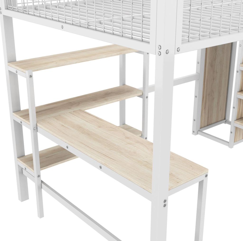 Letto a soppalco ULEVR 140x200 cm con scrivania, armadio e ripiani, struttura in metallo e MDF, bianco