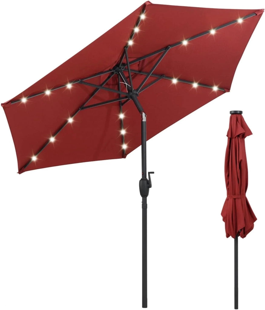 Ombrellone da Giardino con LED 230 cm, Ombrellone da Spiaggia Inclinabile e Portatile, con 6 Aste e Manovella in Metallo, Anti UV, da Esterno per Patio, Piscina, Mercato, Terrazzo