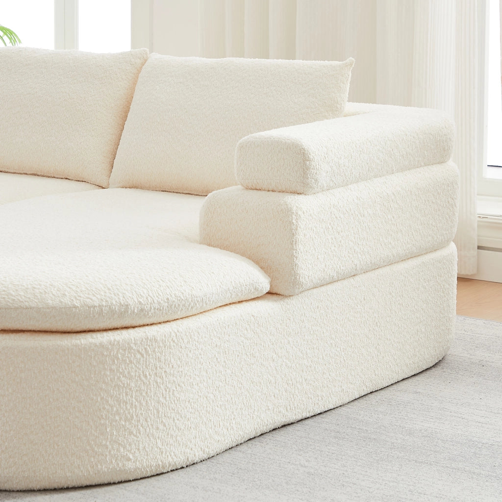 Sofa con chaise longue dal design a gradini in chenille beige