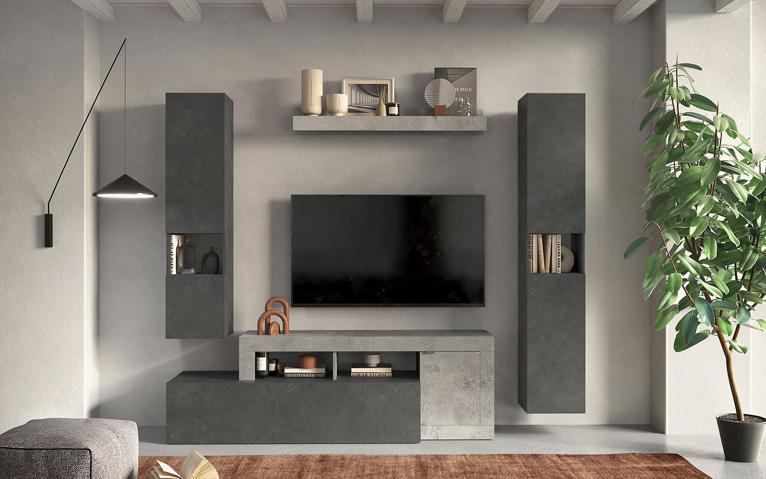 Parete Attrezzata Design Contemporaneo 245x35x195 cm Freedom Modello L 245 Beton e Piombo