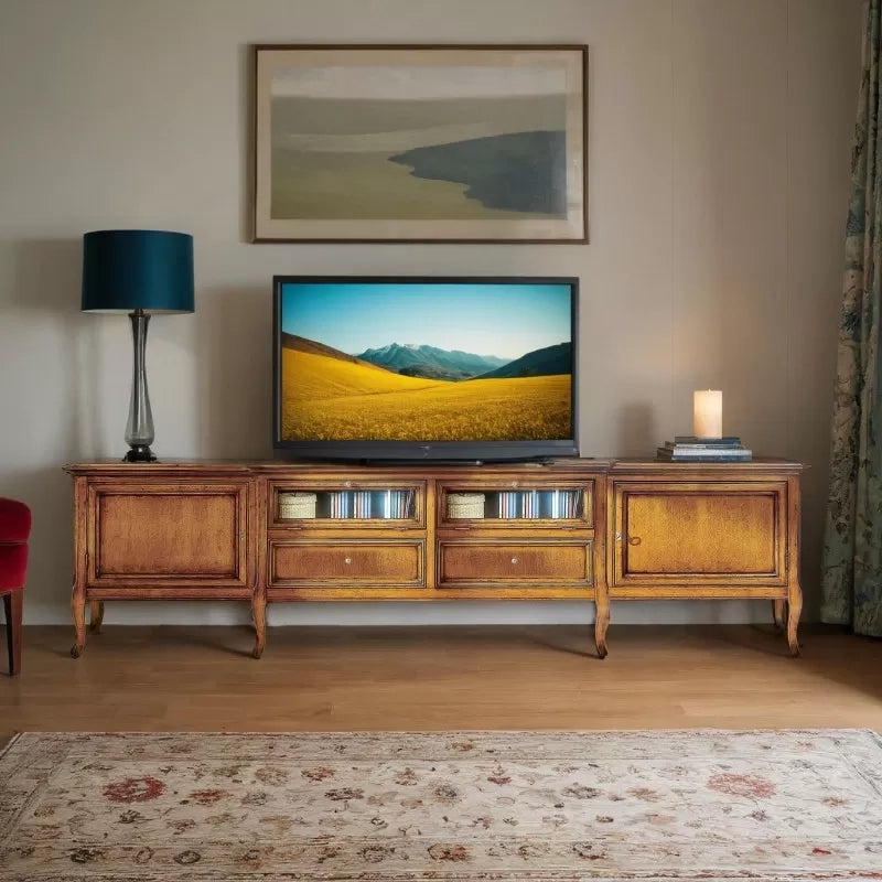 Porta tv classico in legno 2 ante 2 cassetti 2 ribalte finitura bassano l.220 p.50 h.55 - Mobili 2G