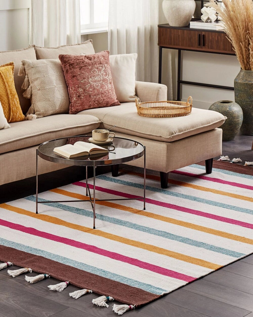 Tappeto strisce multicolore cotone 140 x 200 cm rettangolare tessuto a mano