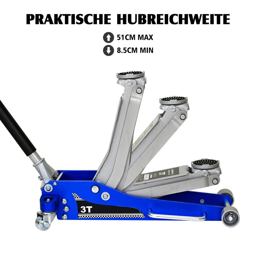 Cric Idraulico a Carrello 3 Ton ¨C MINIMAL ¨C Alluminio/Acciaio, Blu/Argento, per SUV e Fuoristrada