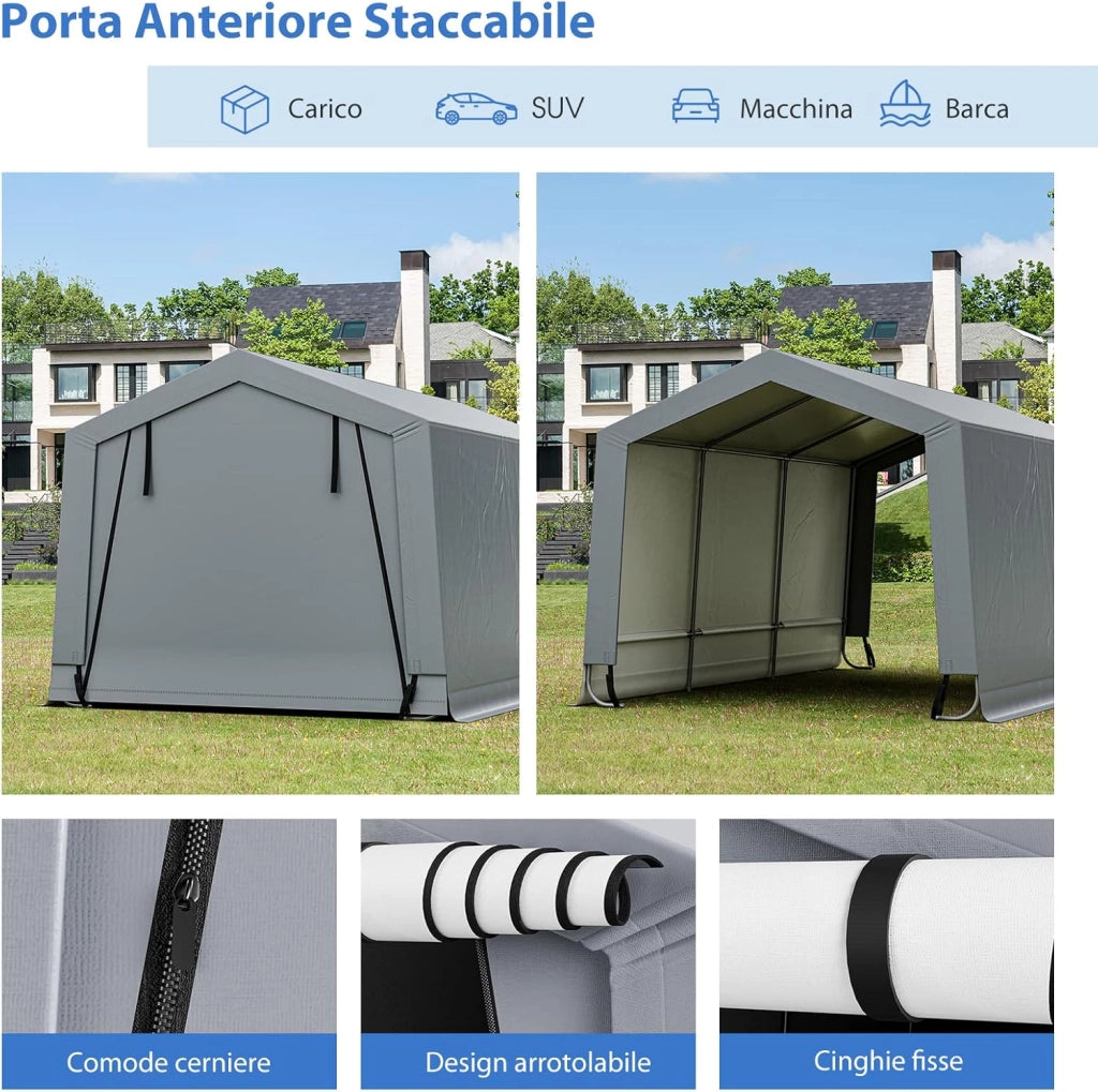 Tendone Garage 2,9 x 4,9 m, Telaio in Acciaio Zincato, Travi Triangolari Rinforzate, per Auto, Moto, Biciclette, Carico e Evento all'aperto, Grigio