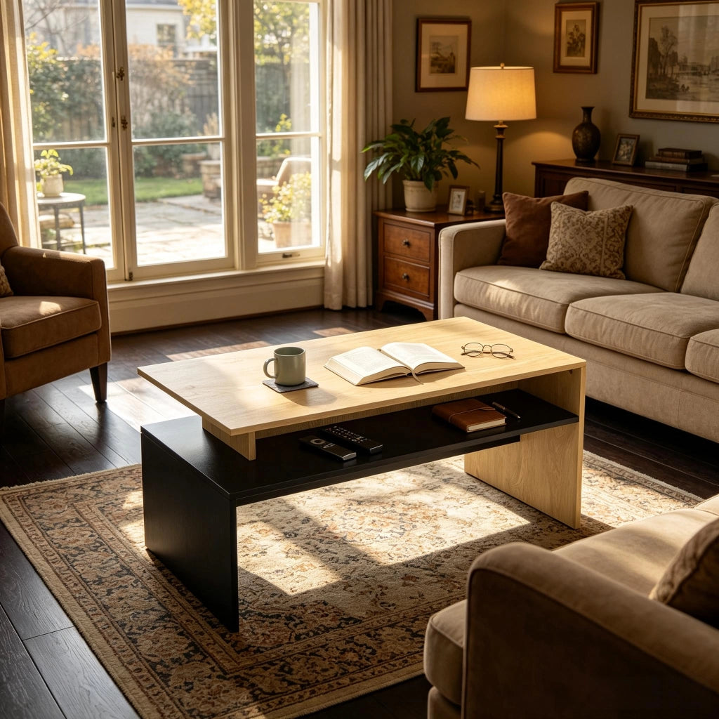 Tavolino basso con ripiano aperto, finitura bicolore, per soggiorno, in MDF, nero e naturale, stile moderno, 95 × 55 cm