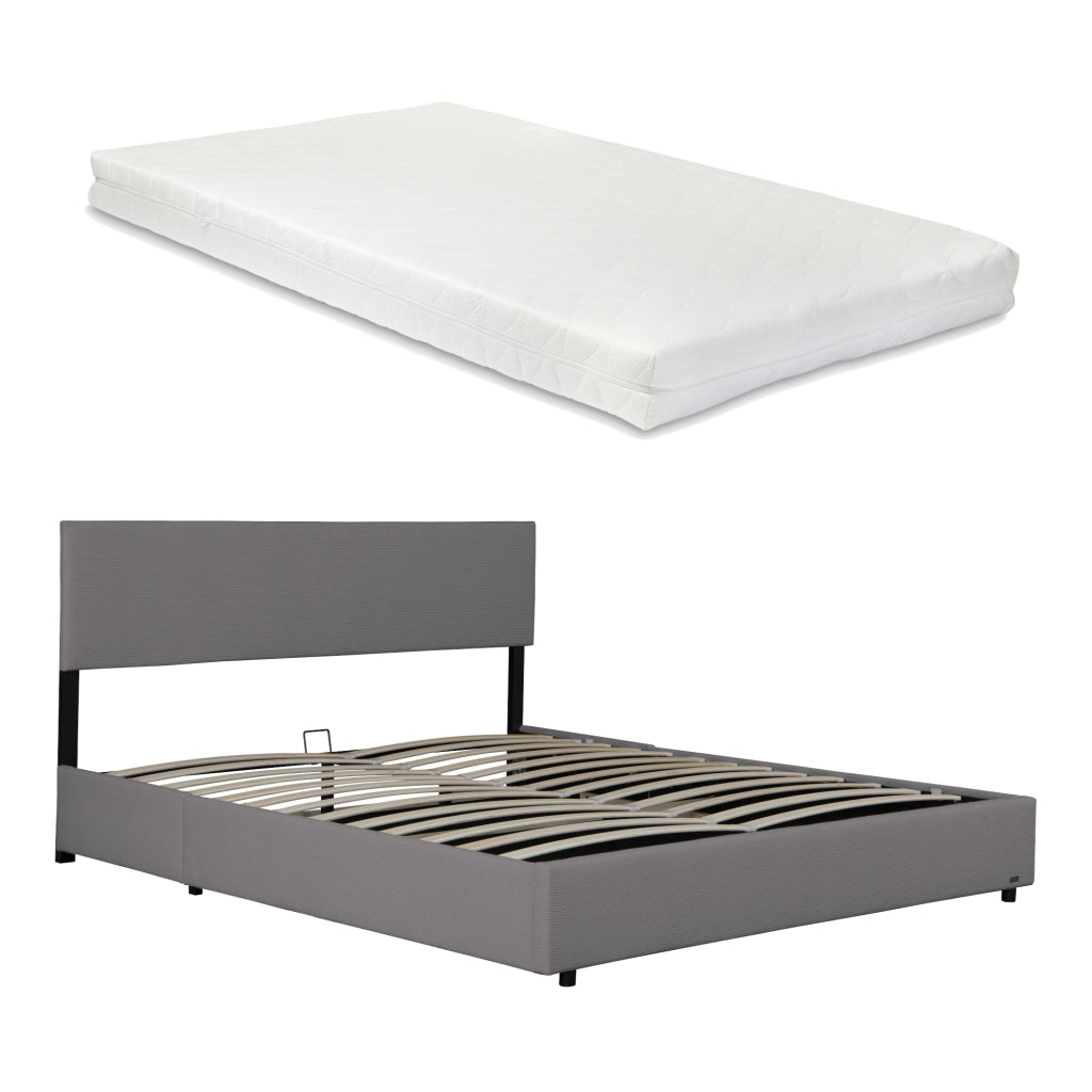 Letto Contenitore Juva Apertura a Ribalta Letto Francese con Materasso 140x200 cm Velluto a Coste Grigio Corium