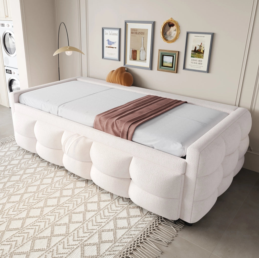 Letto imbottito 90/180x190 cm salvaspazio in teddy beige