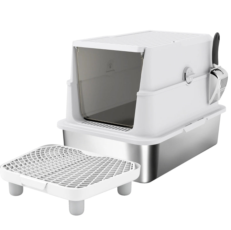 Lettiera chiusa per gatti in acciaio inox; interno XL; grigio chiaro