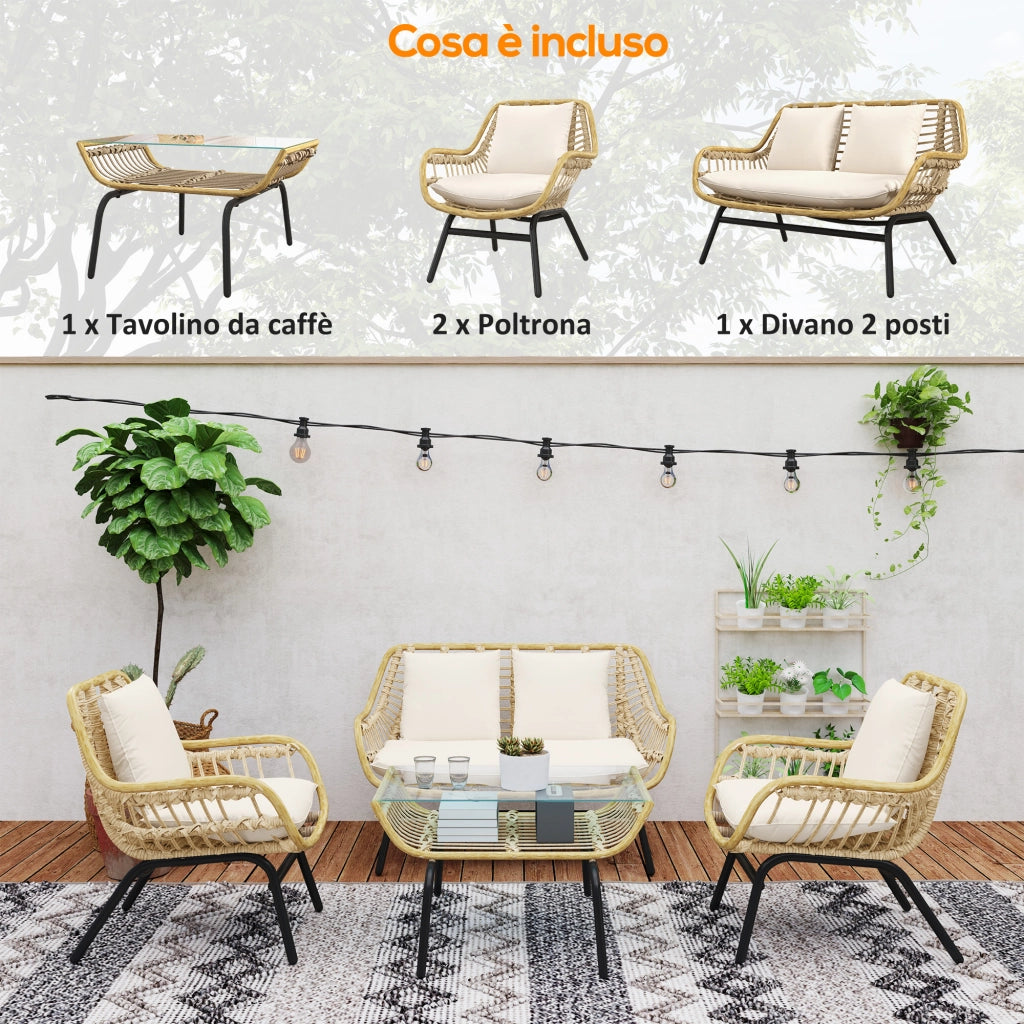 Set da Giardino 4 Pezzi in Rattan PE e Metallo con Divanetto, 2 Sedie e Tavolino da Caff¨¨, Beige