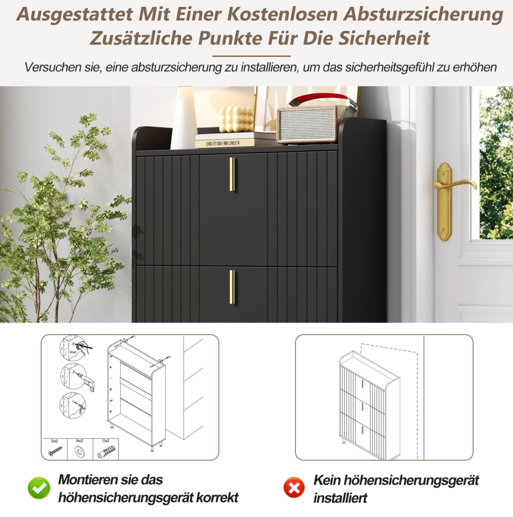 Armadio portascarpe a 3 ante ribaltabili 80x23x123;5 cm in MDF nero con dettagli dorati