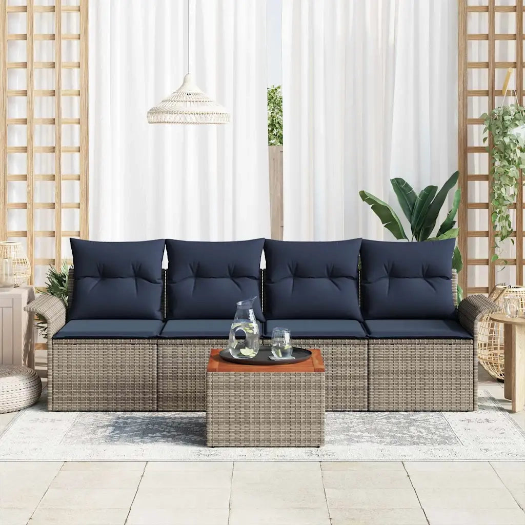Set Divano da Giardino 5 pcs Grigio e Blu Navy polyrattan