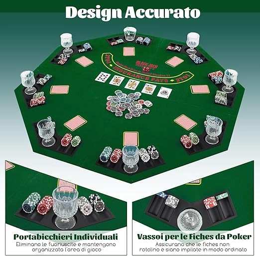 Tappetino da Poker Pieghevole 120 cm, Portatile con Borsa Portabicchieri e Vassoi per Fiches, Tappeto da Poker Antiscivolo, Verde