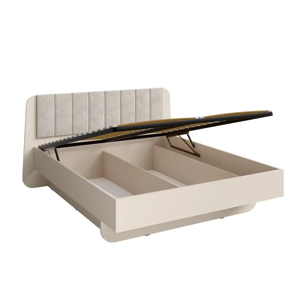 Letto contenitore AMALIE 160x200 cm – Testiera imbottita tessuto beige – Rete inclusa – Materasso non incluso
