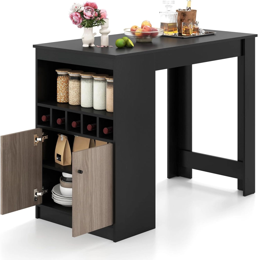 Bancone da cucina con spazio di archiviazione, tavolo da pranzo con portabottiglie e ripiani aperti e porta, bancone da bar, piano alto, tavolo da bar in piedi, in legno, 120 x 60 x 91,5 cm
