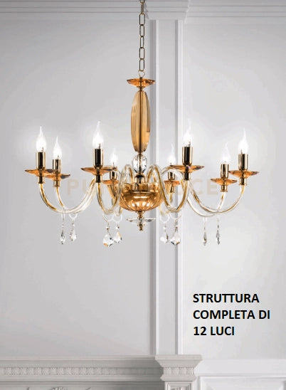 LAMPADARIO CECILIA 12 LUCI VETRO E CRISTALLO AMBRA E TRASPARENTE ATTACCO E14
