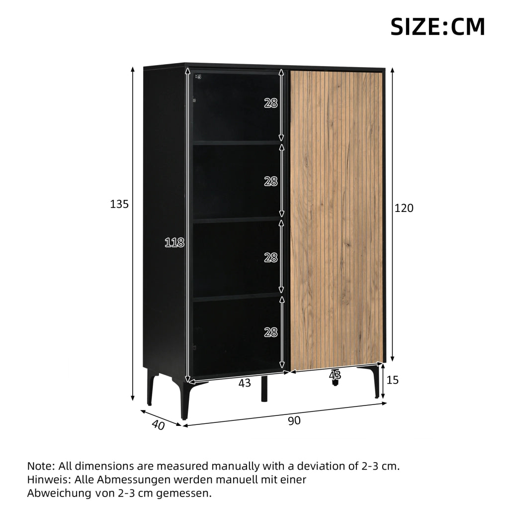 Mobile vetrina alto 90x40x135 cm con LED RGB; 2 ante; MDF nero e naturale