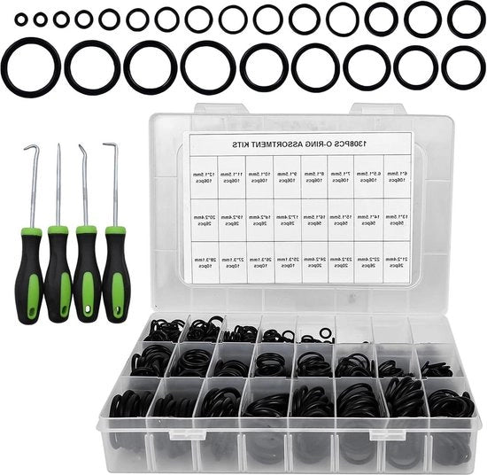 Assortimento di anelli O - 1308 pezzi - 24 misure di guarnizioni a O - con kit di pick e gancio - gomma nitrile - tubi di ricambio per rubinetti e auto.