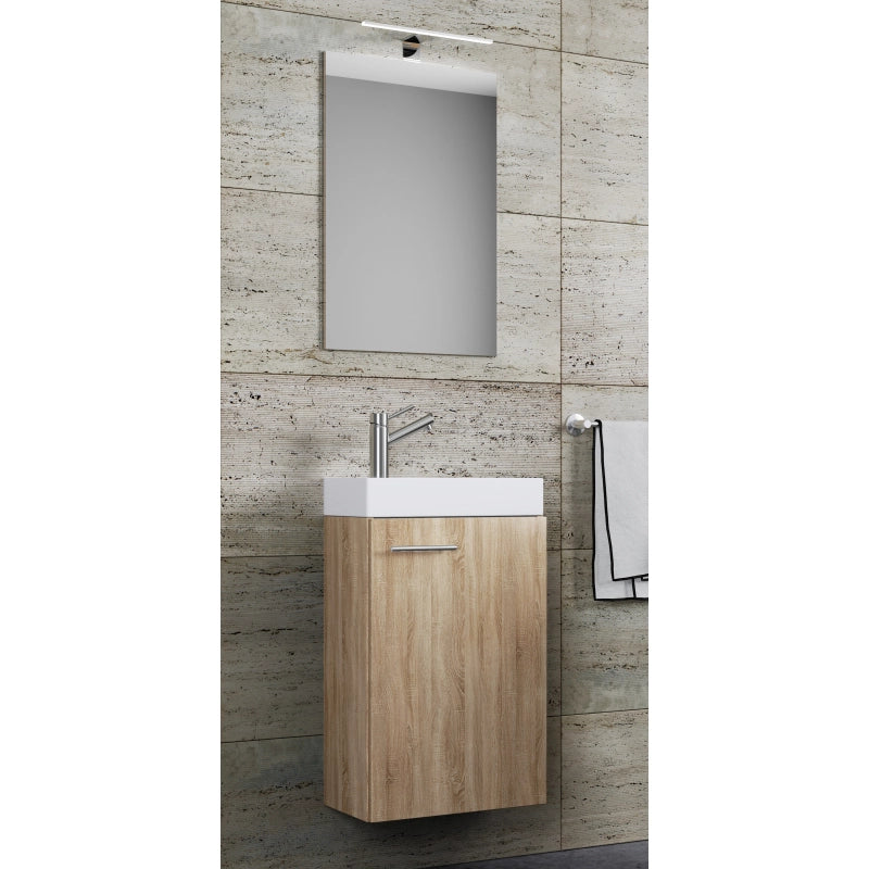 LineaViva Mobile Sospeso con lavabo in ceramica di alta qualità e specchio con luce a led, Rovere Sonoma , lavabo Bianco
