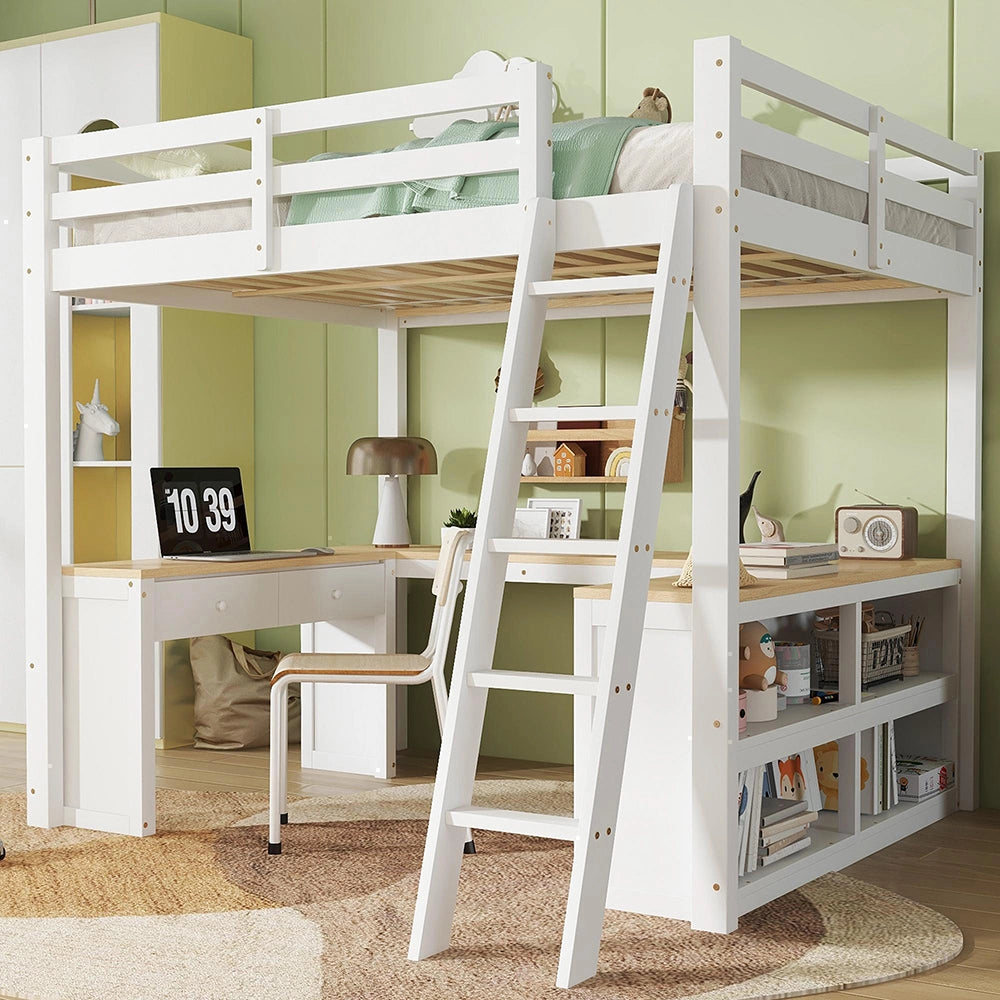 Letto a soppalco-Xylo-140x200cm tavolo a U 2 cassetti pino+MDF