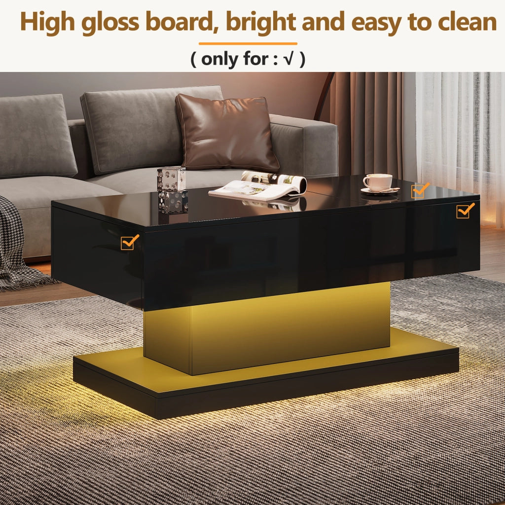 Tavolino da caffè con piano alzabile; vano contenitore e LED - per soggiorno - in truciolare - 100x50x45 cm - nero