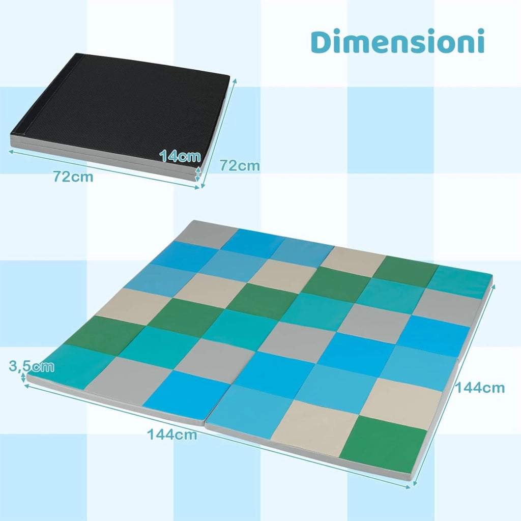 Tappeto Gioco Pieghevole, 144 x 144 cm, Tappetino da Ginnastica con Pelle Impermeabile, Tappeto da Pavimento per Cameretta (Blu+Verde)