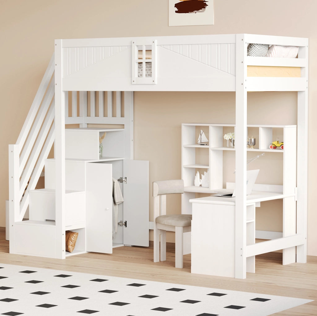 Letto a soppalco 90x200 cm in legno bianco con scala laterale