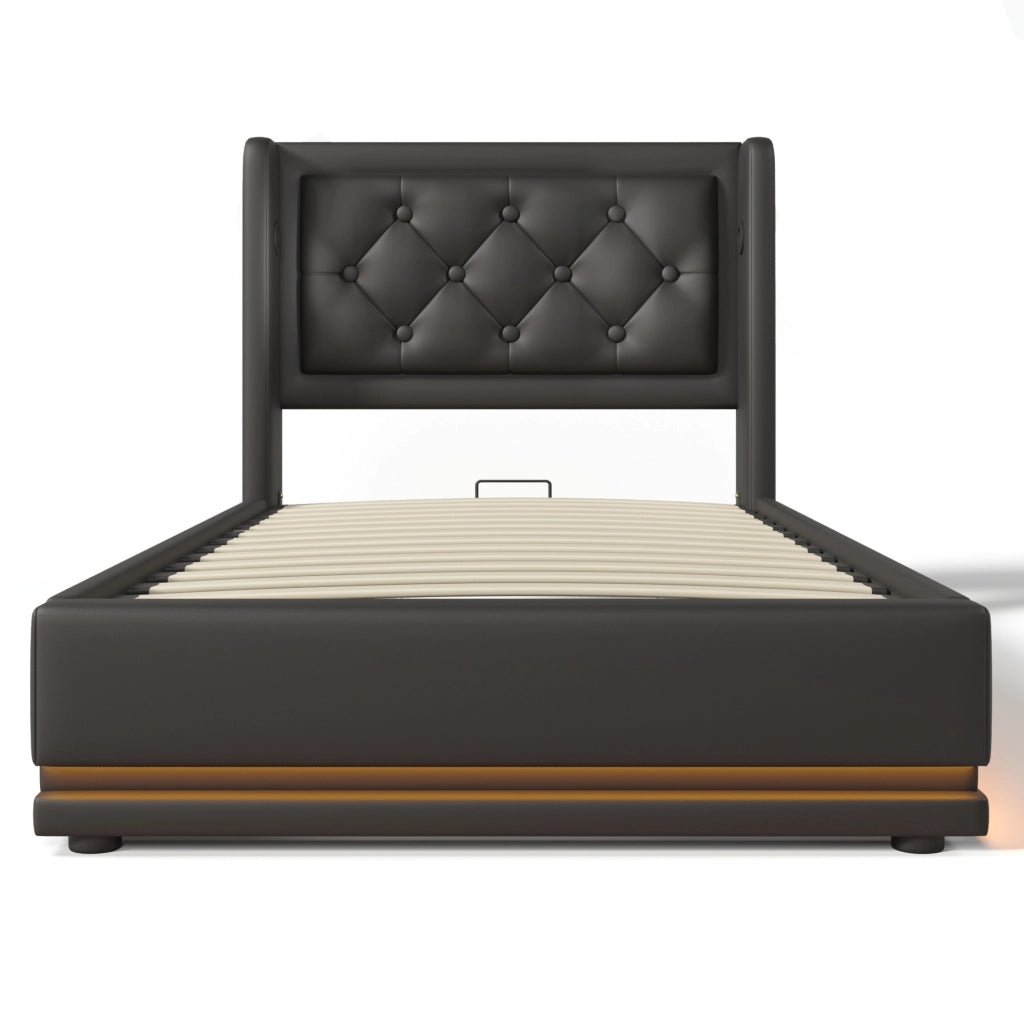 Letto contenitore 90x200 cm con LED e USB C; PU nero