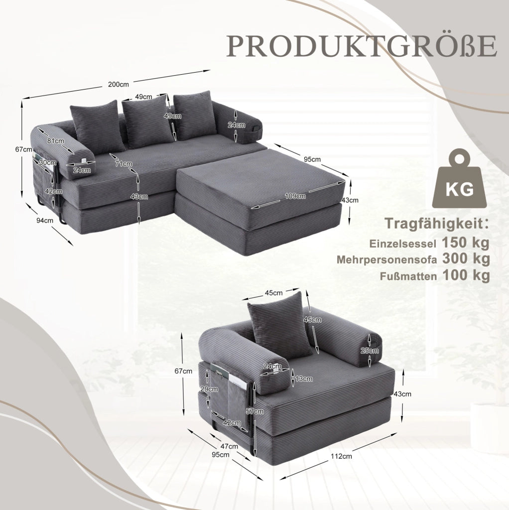 Divano modulare in velluto a coste grigio scuro con pouf