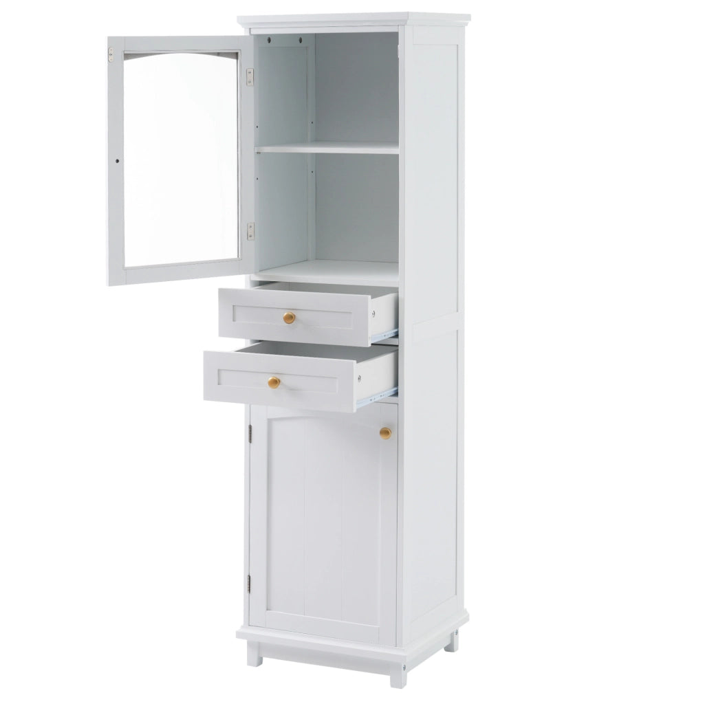 Armadio da bagno in MDF e vetro, 45 x 36 x 160 cm, bianco, con 2 cassetti e ripiani regolabili
