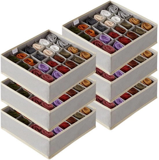 Set di 6 paia di calze, organizzatore di cassetti per la biancheria, 24 cassette, organizzatore di armadio, organizzatore di tavolo da vestizione, scatole di archiviazione per abbigliamento, biancheria intima, cravatte, grigio chiaro