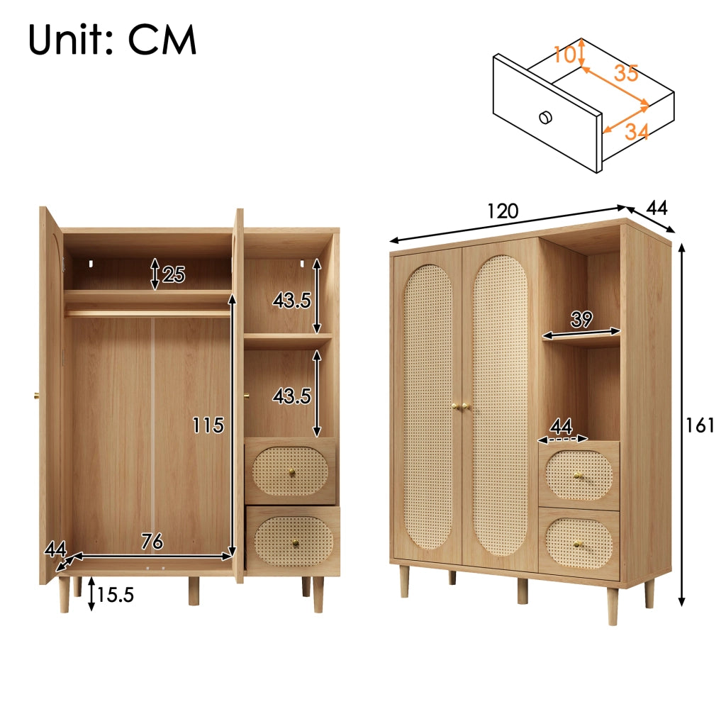 Armadio in legno massello, ante con decorazioni in vimini, 2 cassetti, ripiani aperti, color rovere