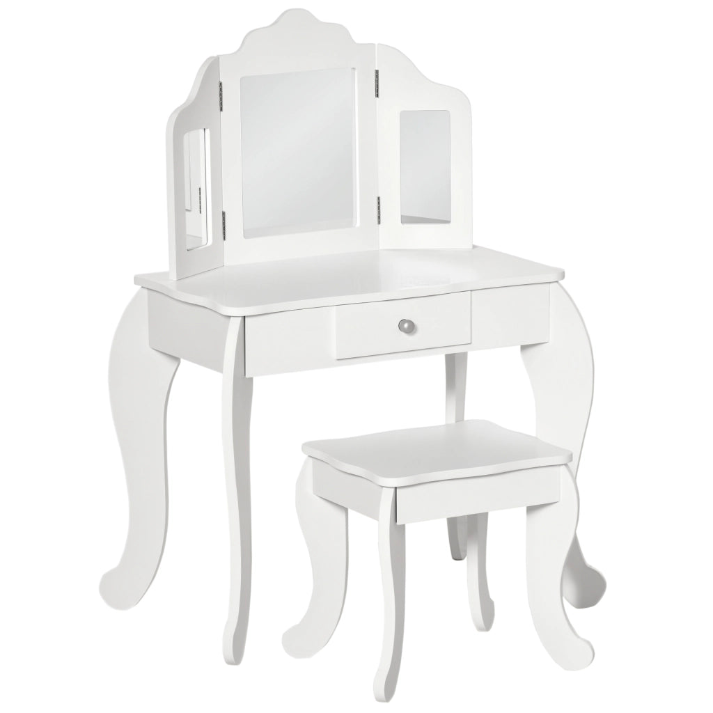 Tavolo da Trucco per Bambini con Sgabello e Triplo Specchio. in Legno e Acrilico. 63x40x85.5 cm. Bianco