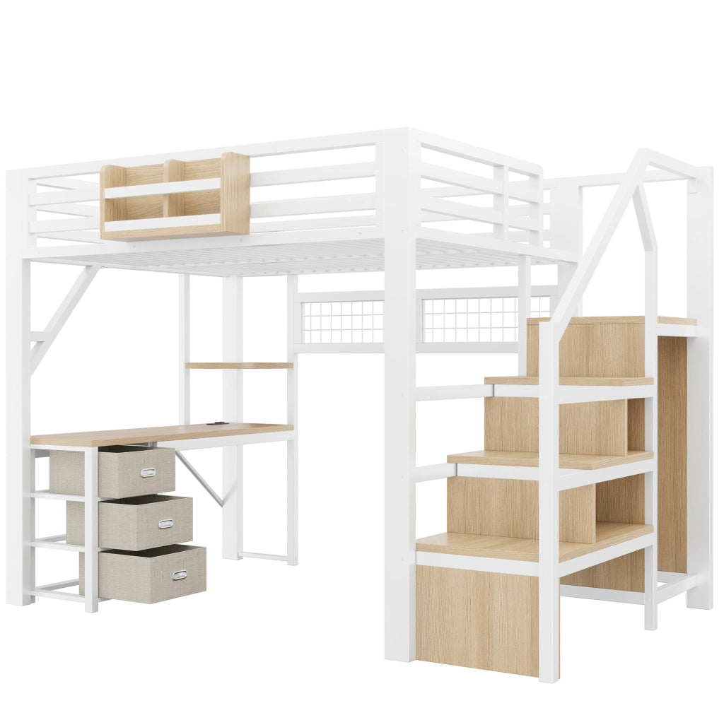 Letto a soppalco 140x200 cm con scrivania, LED e armadio