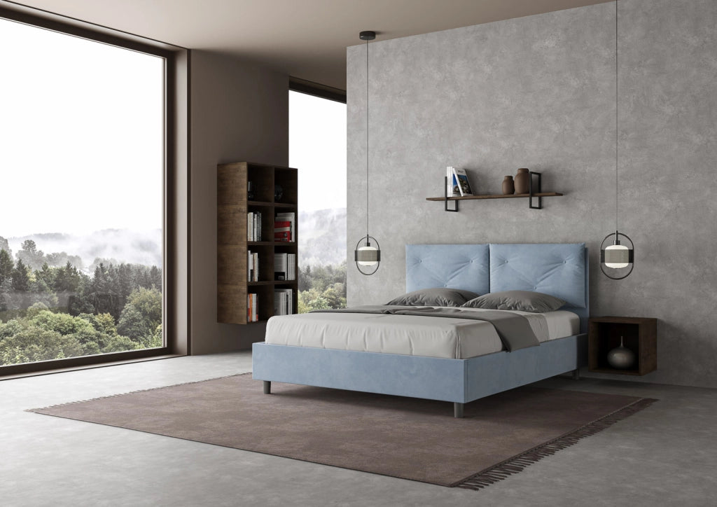 Letto Matrimoniale 160x200 cm con Rete e Contenitore Giroletto con Alzata Comoda Imbottito in Microfibra Appia Azzurro